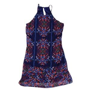 IN‎ San Francisco Floral Mini Dress Womens M Blue High Neck Sleeveless Boho Chic